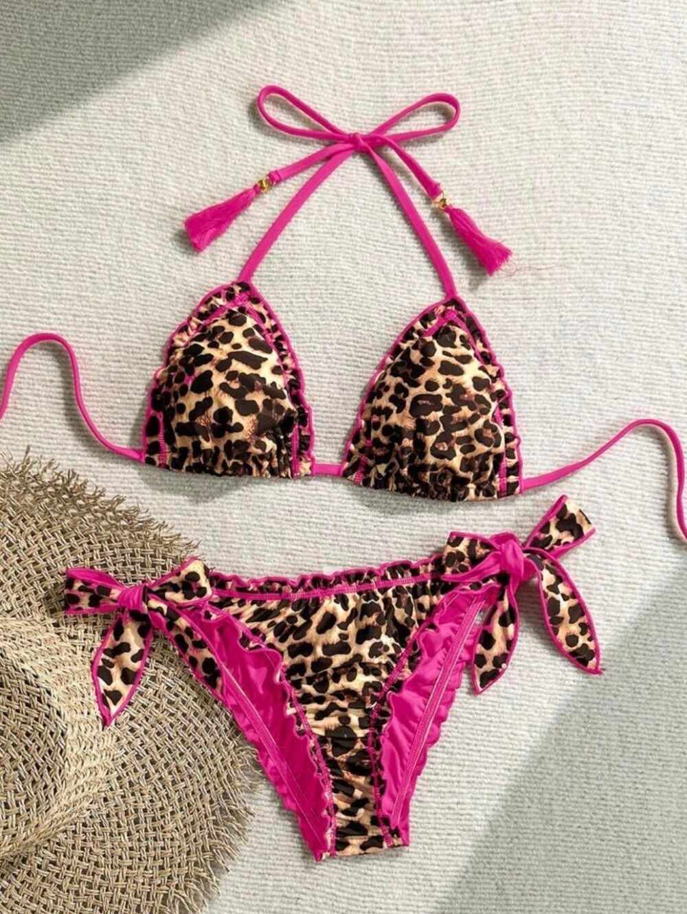 Tie-Side Bikini Bottoms in Hot Pink with Leopard Print Sz Small